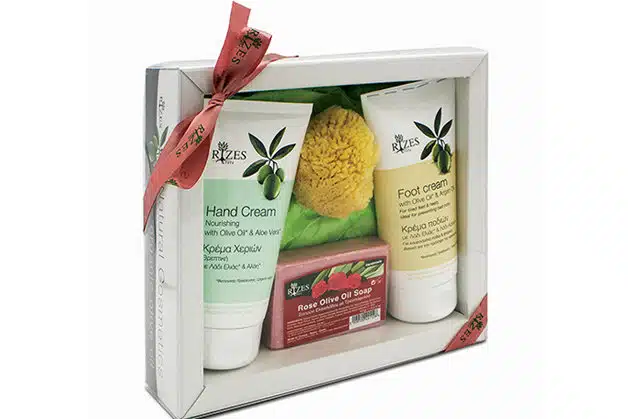 Hand and foot care gift set, including hand cream, foot cream and olive oil and rose soap, by Rizes Crete.