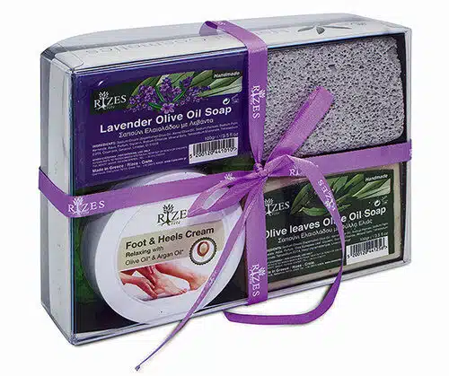 Gift set including two fragrant olive oil soaps and a relaxing foot and heel cream from Rizes Crete.