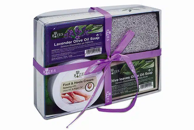 Gift set including two fragrant olive oil soaps and a relaxing foot and heel cream from Rizes Crete.