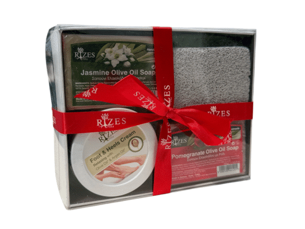 Fuß- und Fersenpflege-Set, Jasminblütenseife mit Olivenöl, Granatapfelseife mit Olivenöl, Feuchtigkeitscreme Rizes Crete.