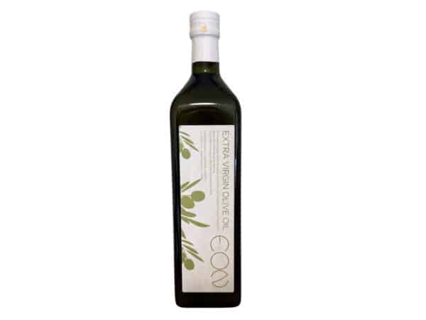 Bouteille d’huile d’olive extra vierge biologique EON – 1 litre, en verre foncé avec étiquette blanche et illustrations d’olives.