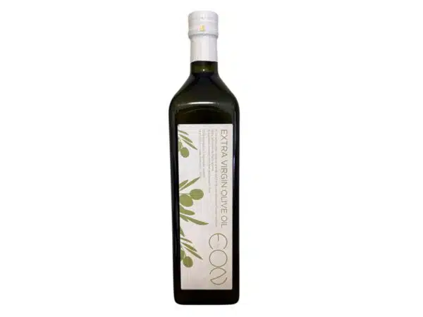 Bouteille d’huile d’olive extra vierge biologique EON 1 litre, en verre foncé avec étiquette blanche et illustrations d’olives.