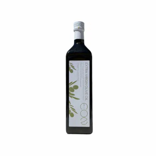 Bouteille en verre de 1 L d’huile d’olive extra vierge Koroneiki EON, avec étiquette minimaliste