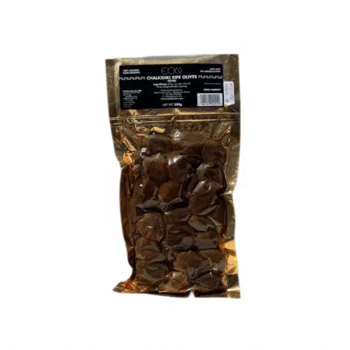 Dos du sachet d’olives vertes dénoyautées Chalkidiki EON – 200 g, avec ingrédients et informations nutritionnelles
