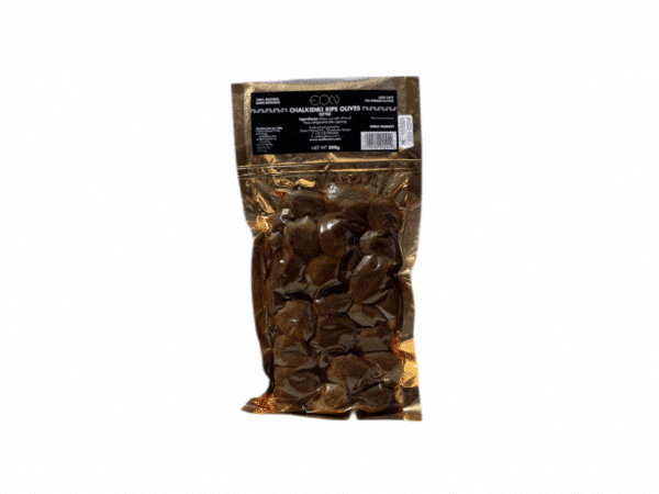 Back of the bag of Chalkidiki EON pitted green olives - 200 g, with ingredients and nutritional information