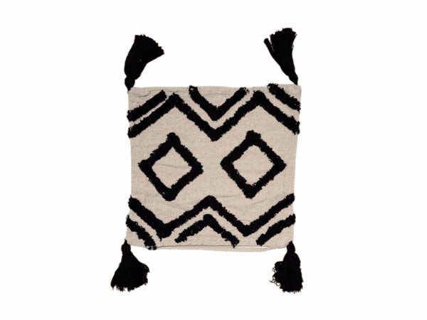 Housse de coussin beige avec motifs géométriques noirs, 45x45 cm, fabriquée par Rizes Home.