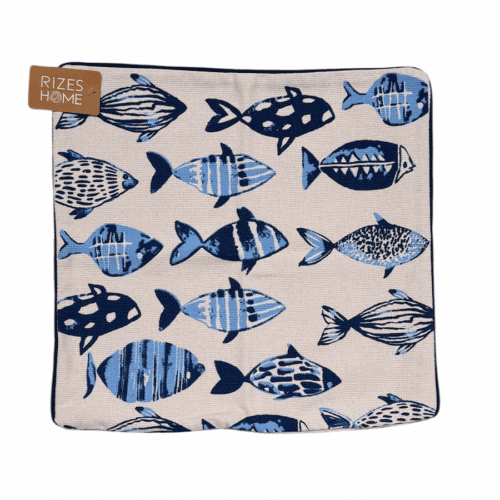 Housse de coussin 45x45 cm sans rembourrage, avec motif de poissons bleus, fabriquée par Rizes Home.