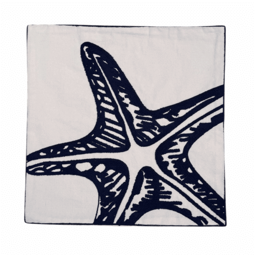 Housse de coussin 45x45 cm avec motif étoile de mer bleue, fabriquée par Rizes Home.