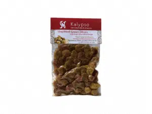 Olives vertes entières Kalypso en sachet – 200 g, marinées à l’huile d’olive vierge extra et vinaigre