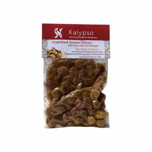 Olives vertes entières Kalypso en sachet – 200 g, marinées à l’huile d’olive vierge extra et vinaigre