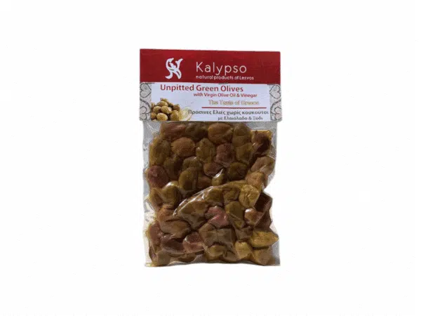 Olives vertes entières Kalypso en sachet – 200 g, marinées à l’huile d’olive vierge extra et vinaigre