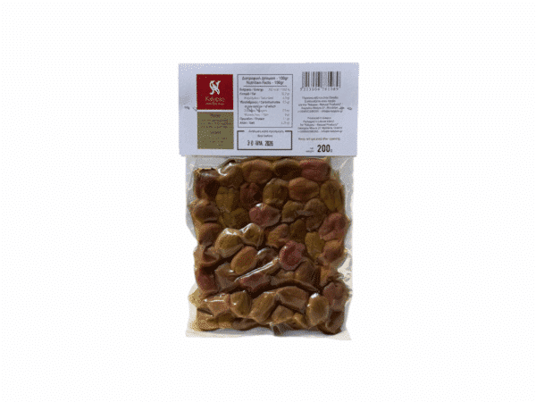 Vue arrière du sachet de 200 g d’olives vertes Kalypso marinées à l’huile d’olive vierge extra et au vinaigre