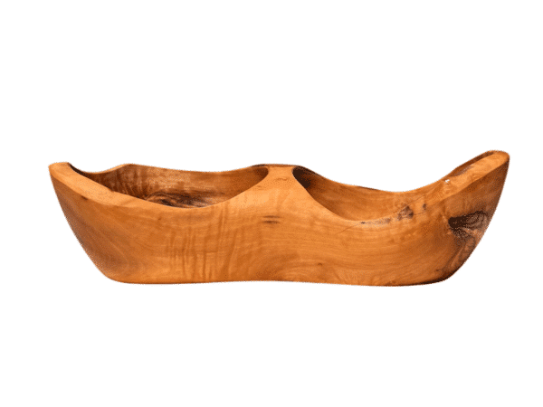 Aperitif dish in olive wood and corrugated edges with 2 compartments from Rizes Wood.