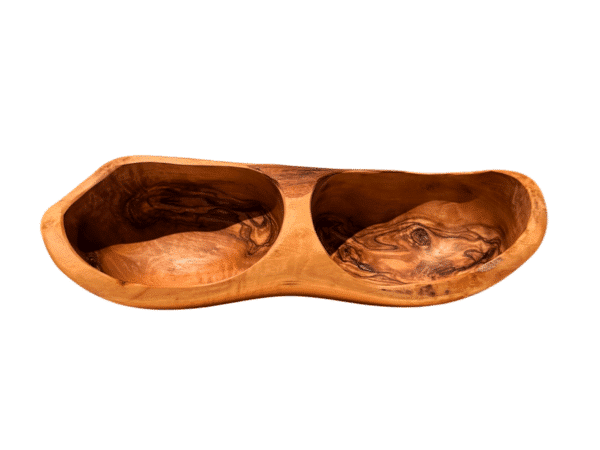 Plat apéritif en bois d’olivier et bords ondulés avec 2 compartiments, vue du dessus, fait main par Rizes Wood.