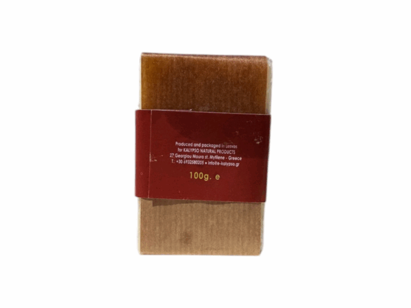 100 g handgefertigte Seife aus Eselsmilch, Olivenöl und Kalypso-Kamille, Rückansicht.
