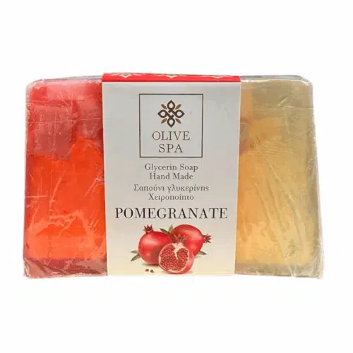 Savon à la grenade et glycérine végétale de 100 gr Olive Spa, fabriqué à la main, avec un parfum naturel de grenade et des ingrédients doux pour la peau.