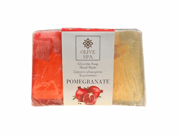 100g Olive Spa pomegranate soap with vegetable glycerin, handmade with a natural pomegranate fragrance and skin-friendly ingredients.