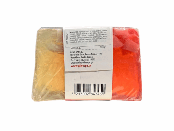 Rückansicht der Seife Granatapfel und pflanzliches Glyzerin 100 g Olive Spa, handgefertigt aus natürlichen Zutaten, ideal für eine sanfte und feuchtigkeitsspendende Hautpflege.