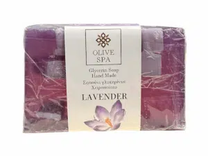 Savon à la lavande de 100 g fait main par Olive Spa, enrichi en glycérine végétale et ingrédients naturels.