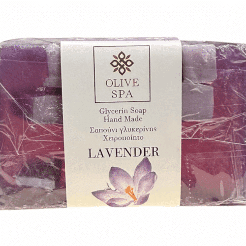 Savon à la lavande de 100 g fait main par Olive Spa, enrichi en glycérine végétale et ingrédients naturels.