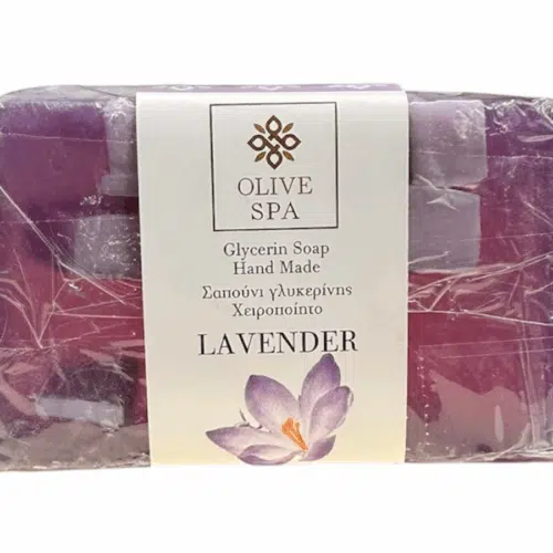 Savon à la lavande de 100 g fait main par Olive Spa, enrichi en glycérine végétale et ingrédients naturels.
