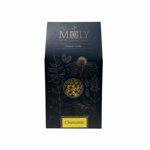 Sachet de camomille biologique Moly – 80 g – Présentation élégante en noir avec fenêtre centrale