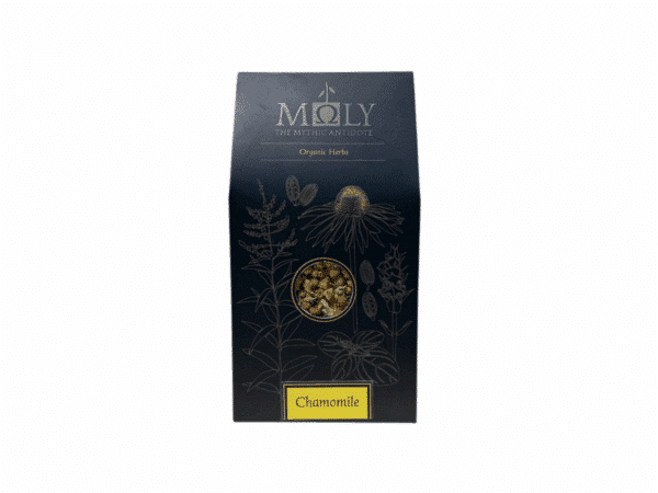 Sachet de camomille biologique Moly – 80 g – Présentation élégante en noir avec fenêtre centrale