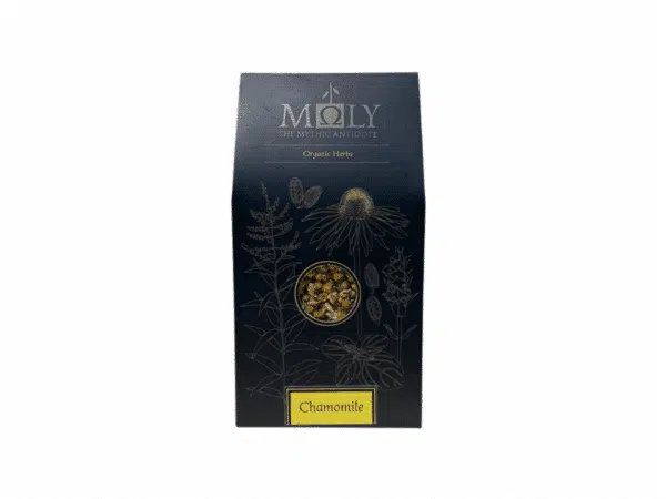 Sachet de camomille biologique Moly – 80 g – Présentation élégante en noir avec fenêtre centrale