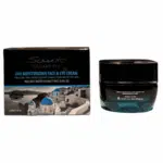 Crème hydratante 24H pour visage et yeux avec extrait d'eau volcanique et huile d'olive, flacon de 50 ml, vue arrière du produit.