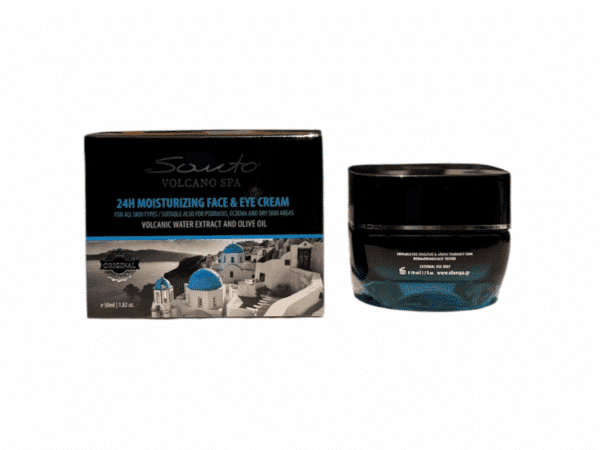Crème hydratante 24H pour visage et yeux avec extrait d'eau volcanique et huile d'olive, flacon de 50 ml, vue arrière du produit.