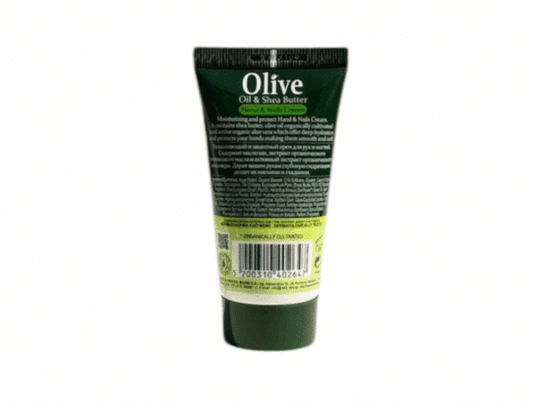 Dos du tube de crème mains et ongles à l’huile d’olive bio et beurre de karité – Herbolive – 30 ml