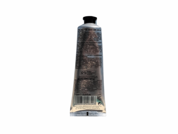 Dos du tube de crème mains et ongles Herbolive à l’huile d’olive et kératine – 75 ml