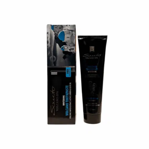 Dentifrice blanchissant à l'eau volcanique et charbon actif, tube de 100 ml, avec emballage. Produit Olive Spa.