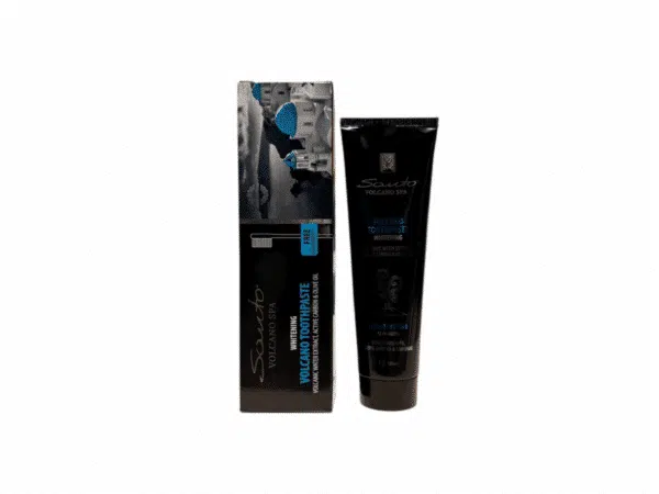 Dentifrice blanchissant à l'eau volcanique et charbon actif, tube de 100 ml, avec emballage. Produit Olive Spa.
