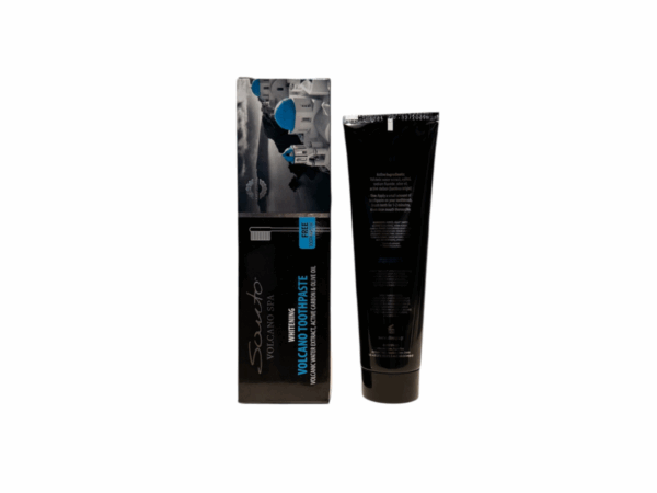 Dentifrice blanchissant à l'eau volcanique et charbon actif, tube de 100 ml, vue du dos avec ingrédients et instructions. Produit Olive Spa.