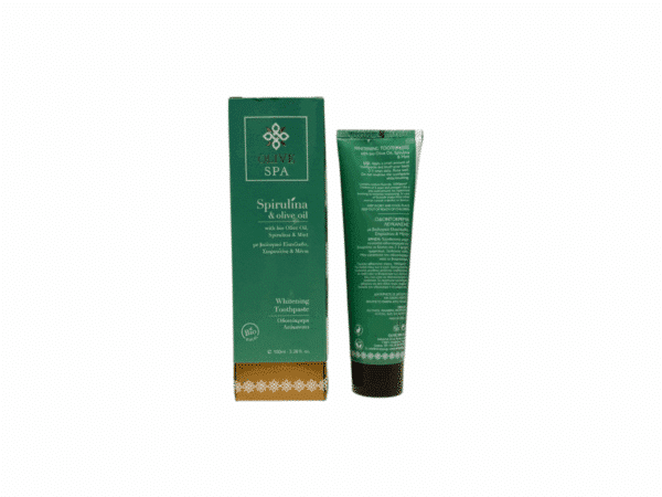Rear view of Olive Spa whitening toothpaste, organic olive oil, spirulina and mint, 100 ml tube.