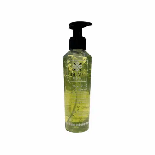 Gel Aloe Vera et huile d’olive bio Olive Spa de 150 ml, vue du dos avec ingrédients et informations sur le produit.