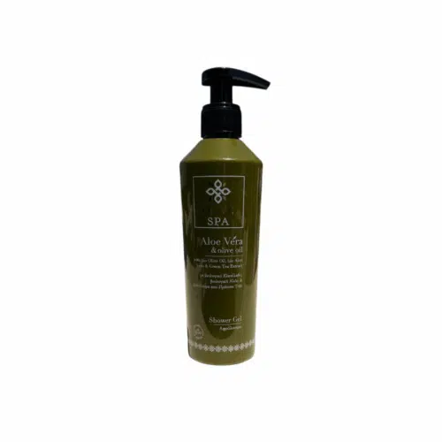 Gel douche Aloe Vera et huile d’olive bio Olive Spa de 250 ml, avec une pompe pratique et un soin hydratant pour la peau.