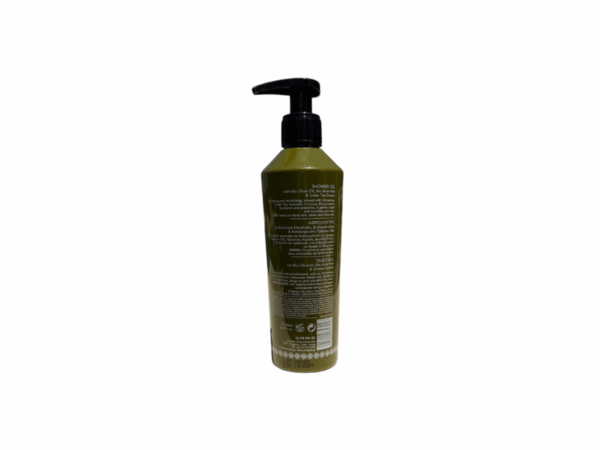 Back view of Olive Spa's 250 ml Aloe Vera and organic olive oil shower gel, with natural and organic ingredients, suitable for all skin types.