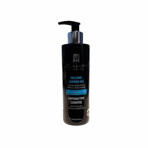 Vue du dos du gel douche à l’eau volcanique et huile d’olive bio de 250 ml Olive Spa, fabriqué en Grèce avec des ingrédients naturels, pour un soin doux et hydratant de la peau.