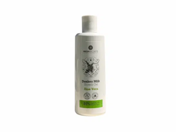 Gel douche Fresh Secrets au lait d’ânesse et aloe vera, flacon de 200 ml.