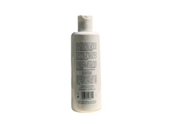 Ingrédients et instructions du gel douche au lait d’ânesse et aloe vera 200 ml de la marque Fresh Secrets, vue arrière du flacon.
