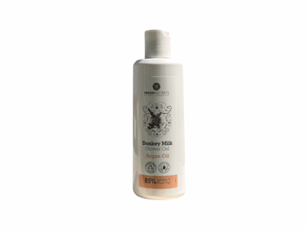 Flacon de gel douche au lait d’ânesse et huile d’argan 200 ml de la marque Fresh Secrets, vue de face.