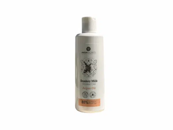 Flacon de gel douche au lait d’ânesse et huile d’argan 200 ml de la marque Fresh Secrets, vue de face.