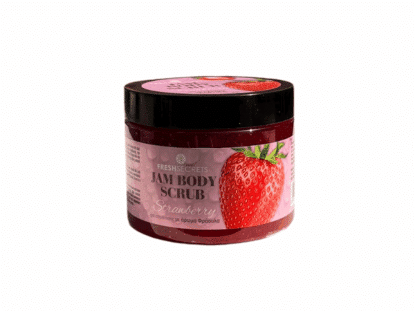 Fresh Secrets strawberry body scrub in 320 ml jar - nourishing exfoliant.
