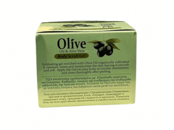 Arrière de l’emballage du gommage Herbolive à l’huile d’olive et aloe vera – 250 ml