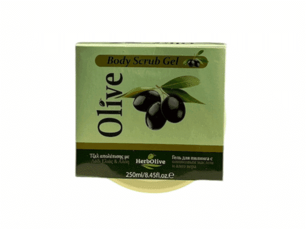 Herbolive body scrub - olive oil and aloe vera - 250 ml - top view of packaging