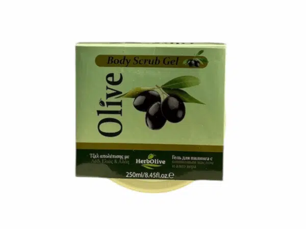 Herbolive body scrub - olive oil and aloe vera - 250 ml - top view of packaging