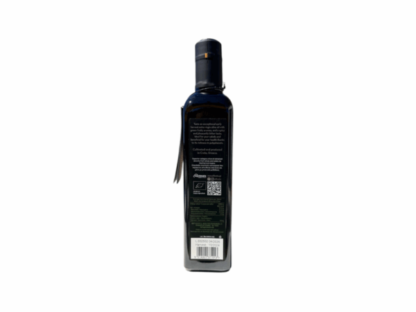 Dos de la bouteille d’huile d’olive bio Efkrato 500 ml – récolte précoce – infos nutritionnelles