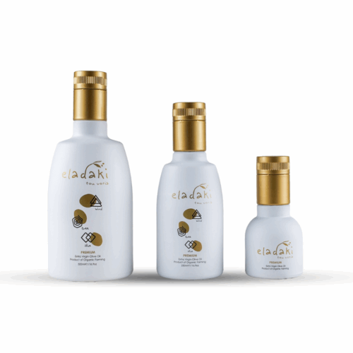 Trois bouteilles d’huile d’olive extra vierge biologique Eladaki – formats 100, 250 et 500 ml